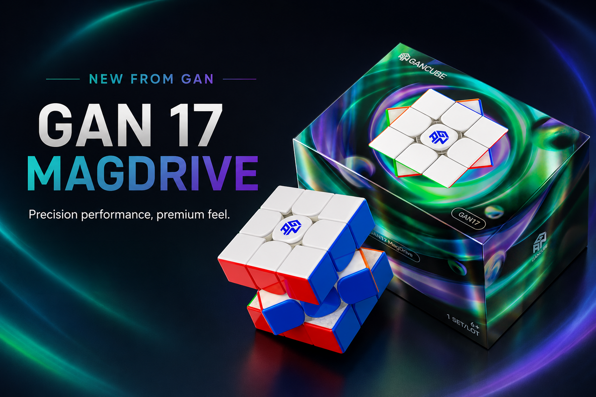 New from GAN: the GAN 17 MagDrive stickerless magnetic 3x3 speed cube shown with its retail box
