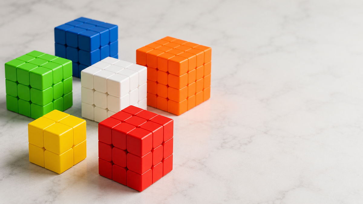 Colorful stickerless speed cubes on a white marble surface — several 3x3s with a 2x2 and a 4x4.