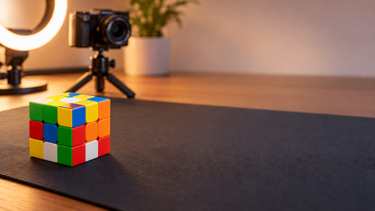 A scrambled 3x3 speed cube on a desk mat in front of a camera and ring light set up to film a cubing video