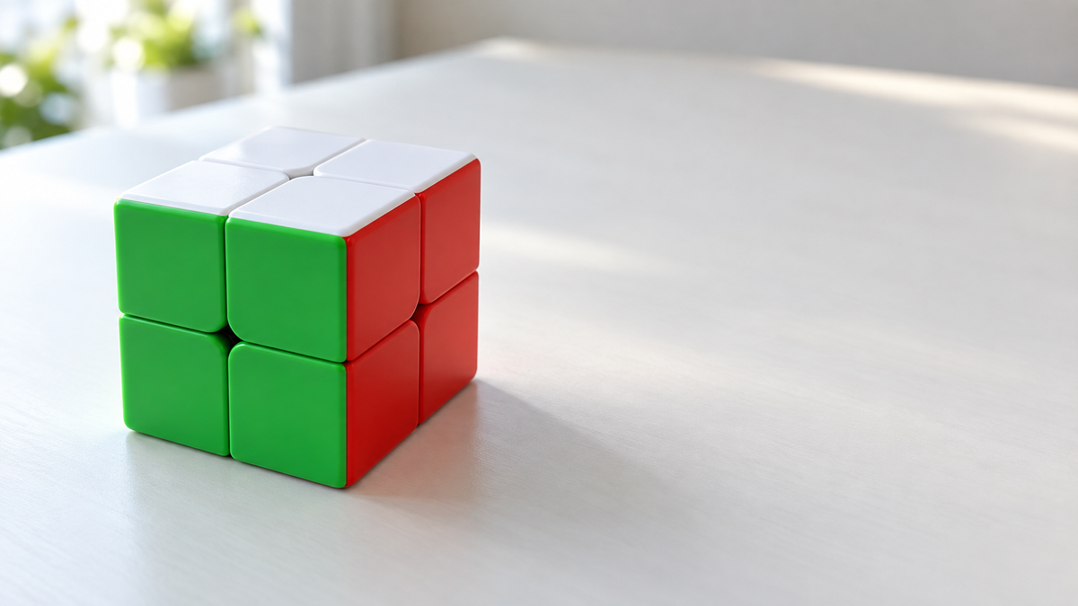 A solved stickerless 2x2 cube on a white desk, showing its white, green, and red sides